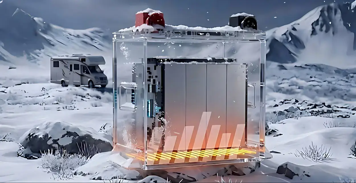 M Series lithium battery with built-in auto-heating system performing in extreme cold snowy mountains, ensuring reliable charging for RV off-grid adventures